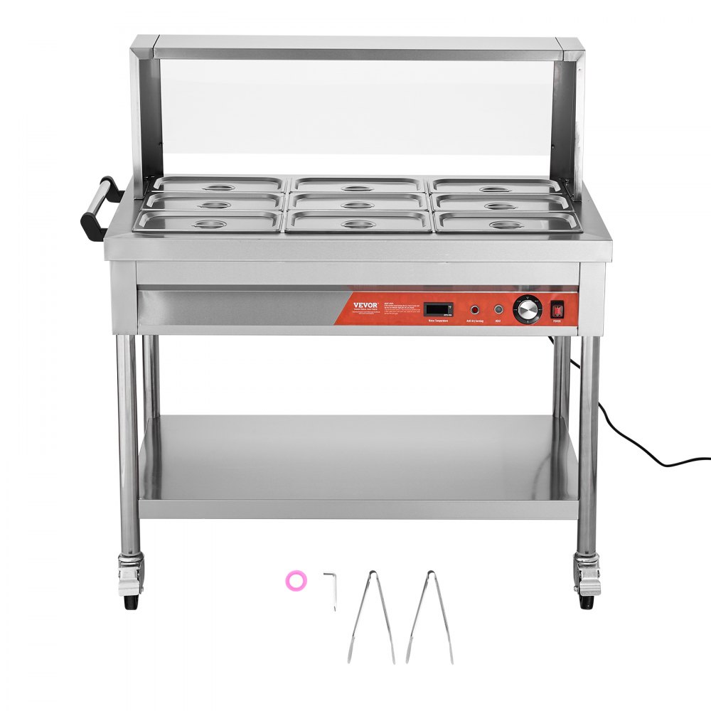 VEVOR 9-Pan Commercial Food Warmer, 9 x 1/3 Pans Electric Steam Table, 1500W Professional Buffet Catering Food Warmer with Shield Undershelf Wheels, Stainless Steel Server for Party Restaurant