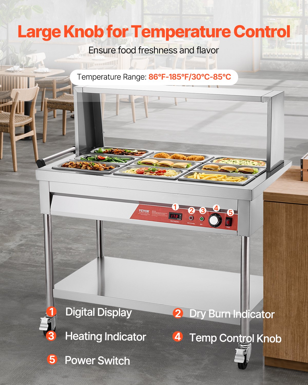 VEVOR 9-Pan Commercial Food Warmer, 9 x 1/3 Pans Electric Steam Table, 1500W Professional Buffet Catering Food Warmer with Shield Undershelf Wheels, Stainless Steel Server for Party Restaurant