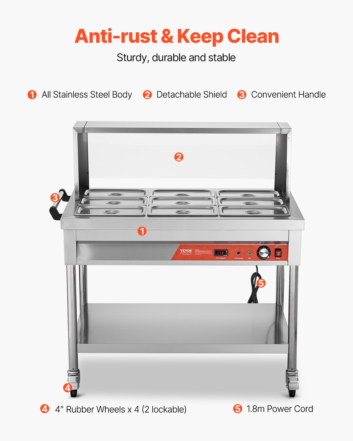 VEVOR 9-Pan Commercial Food Warmer, 9 x 1/3 Pans Electric Steam Table, 1500W Professional Buffet Catering Food Warmer with Shield Undershelf Wheels, Stainless Steel Server for Party Restaurant