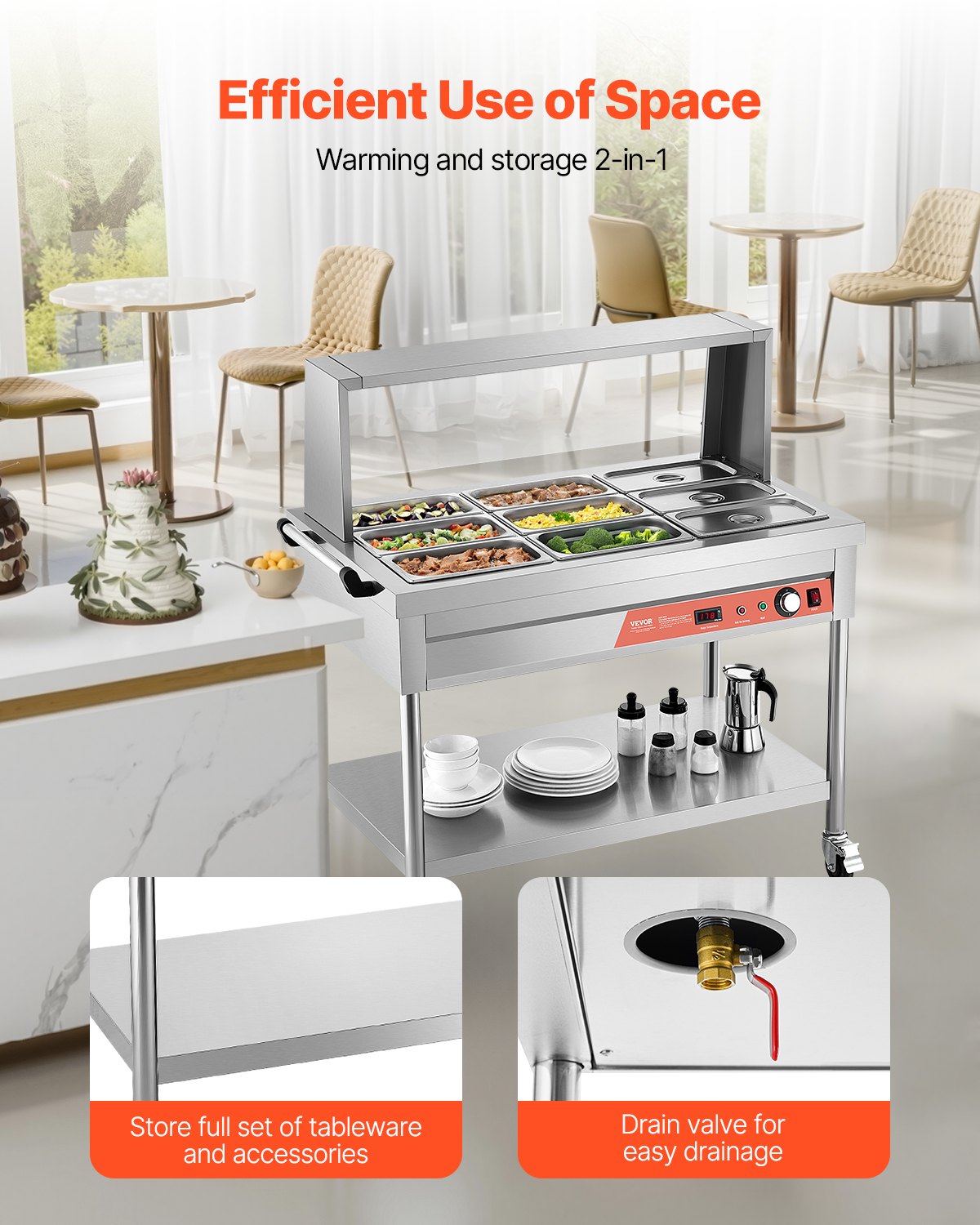 VEVOR 9-Pan Commercial Food Warmer, 9 x 1/3 Pans Electric Steam Table, 1500W Professional Buffet Catering Food Warmer with Shield Undershelf Wheels, Stainless Steel Server for Party Restaurant