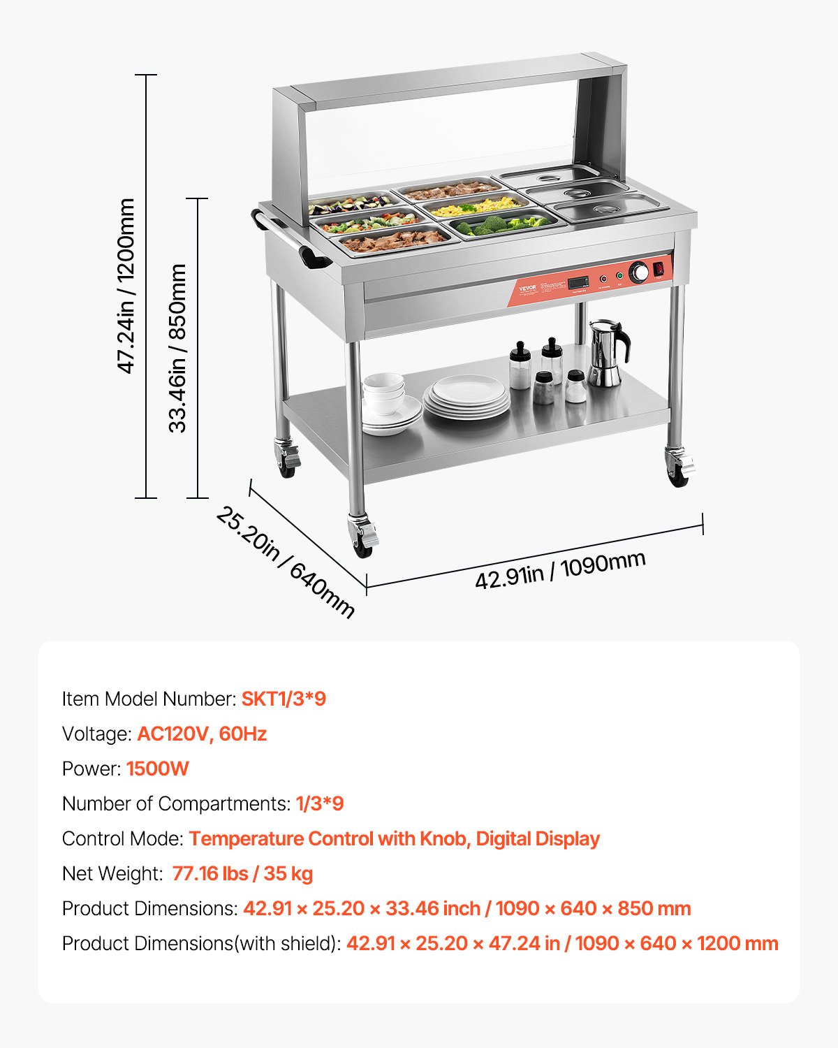 VEVOR 9-Pan Commercial Food Warmer, 9 x 1/3 Pans Electric Steam Table, 1500W Professional Buffet Catering Food Warmer with Shield Undershelf Wheels, Stainless Steel Server for Party Restaurant