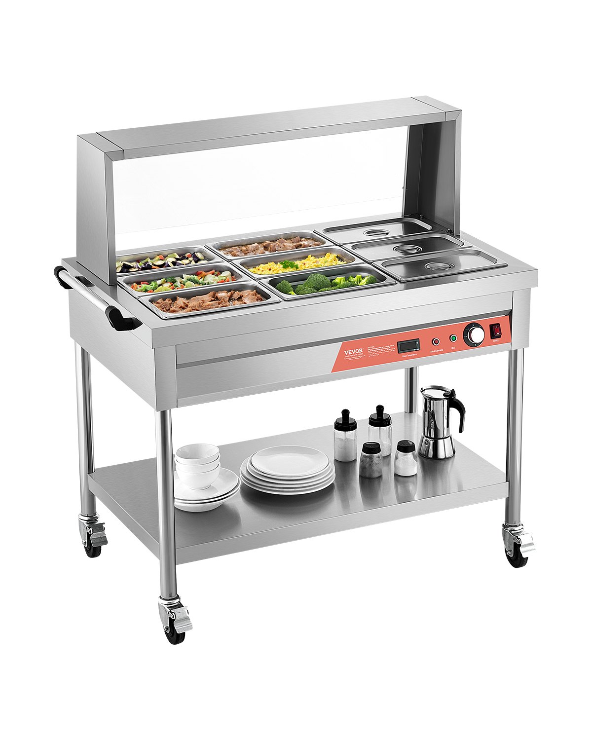 VEVOR 9-Pan Commercial Food Warmer, 9 x 1/3 Pans Electric Steam Table, 1500W Professional Buffet Catering Food Warmer with Shield Undershelf Wheels, Stainless Steel Server for Party Restaurant