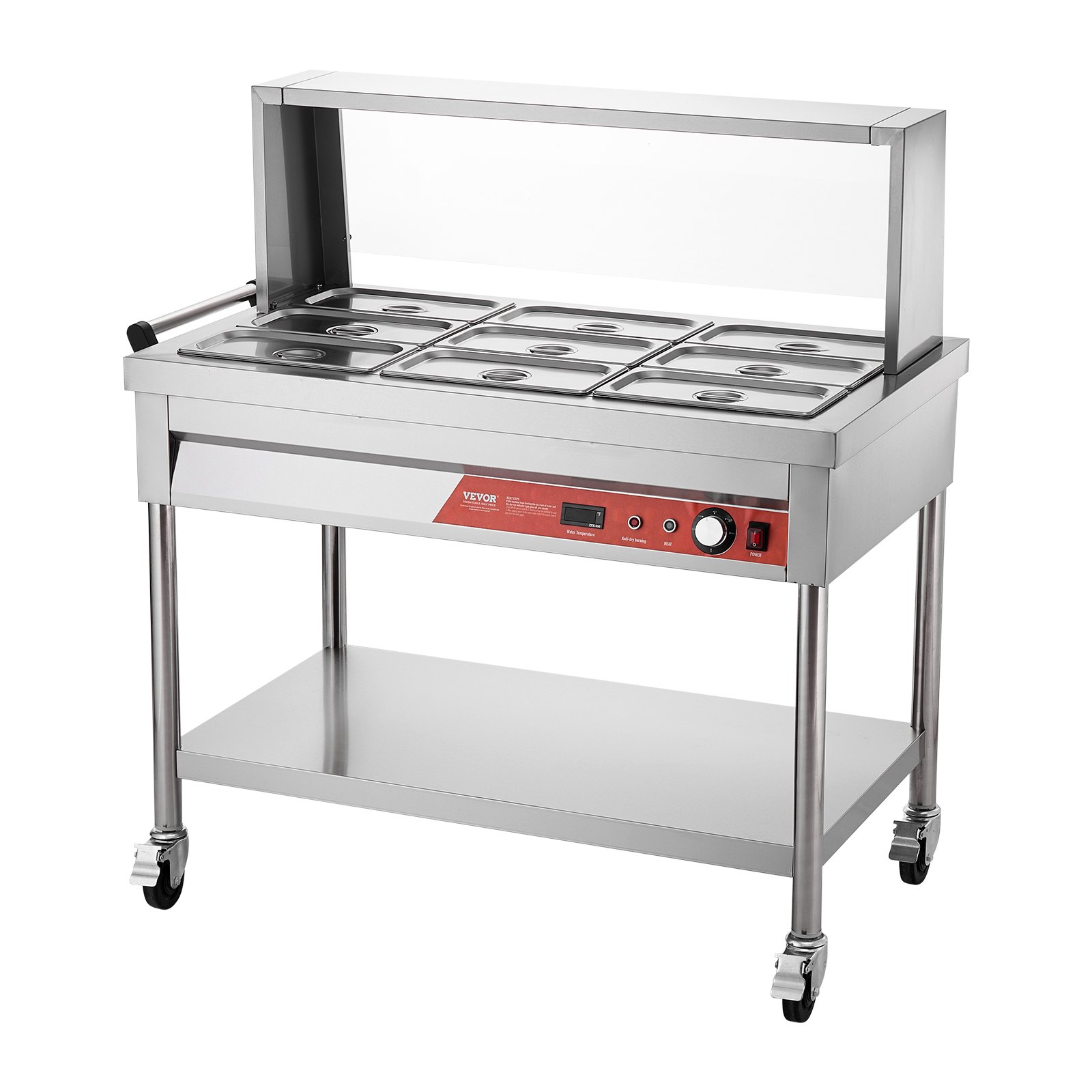 VEVOR 9-Pan Commercial Food Warmer, 9 x 1/3 Pans Electric Steam Table, 1500W Professional Buffet Catering Food Warmer with Shield Undershelf Wheels, Stainless Steel Server for Party Restaurant