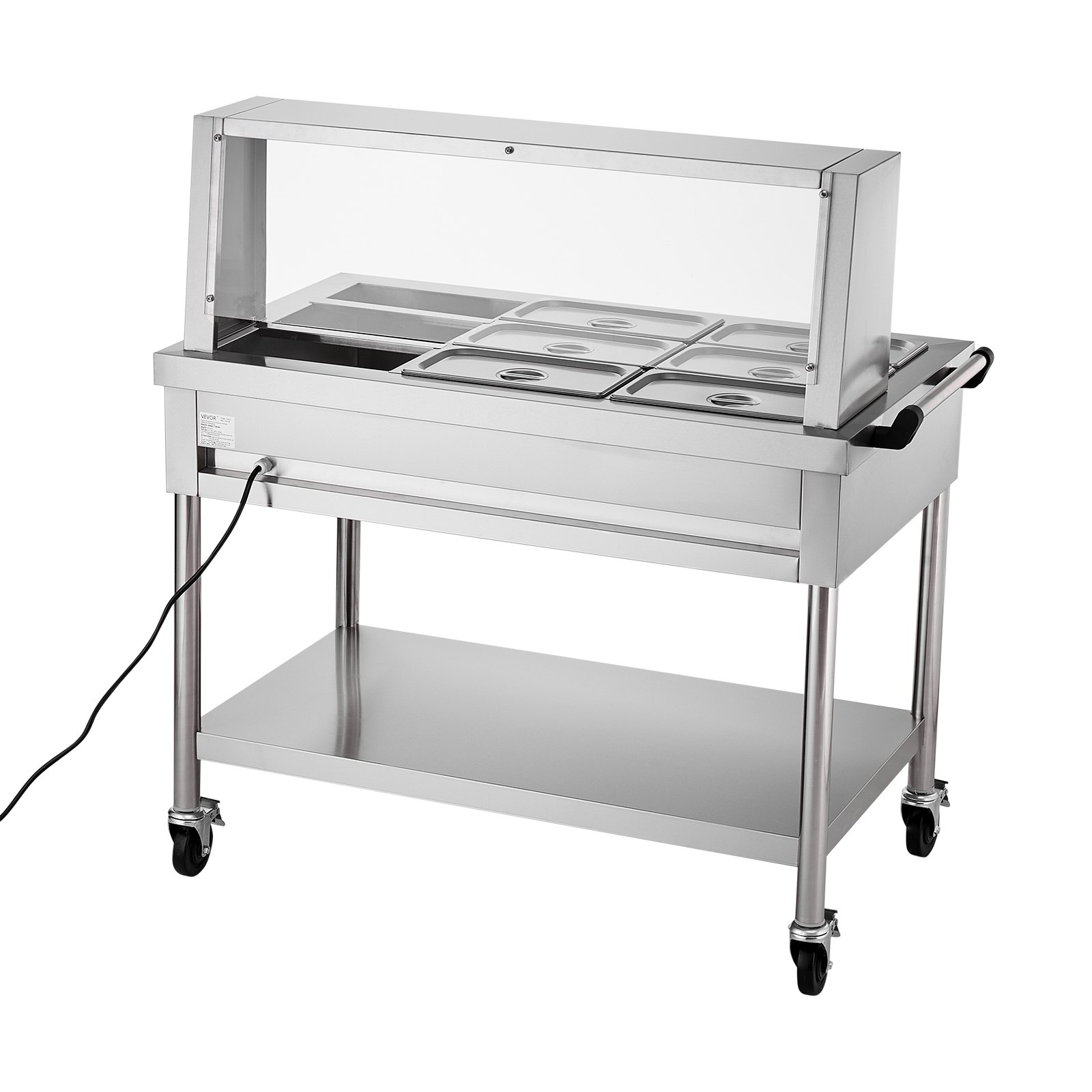 VEVOR 9-Pan Commercial Food Warmer, 9 x 1/3 Pans Electric Steam Table, 1500W Professional Buffet Catering Food Warmer with Shield Undershelf Wheels, Stainless Steel Server for Party Restaurant