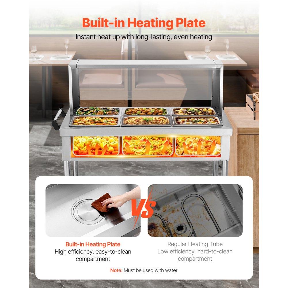 VEVOR 6-Pan Commercial Food Warmer, 6 x 1/2 Pans Electric Steam Table, 1500W Professional Buffet Catering Food Warmer with Shield Undershelf Wheels, Stainless Steel Server for Party Restaurant