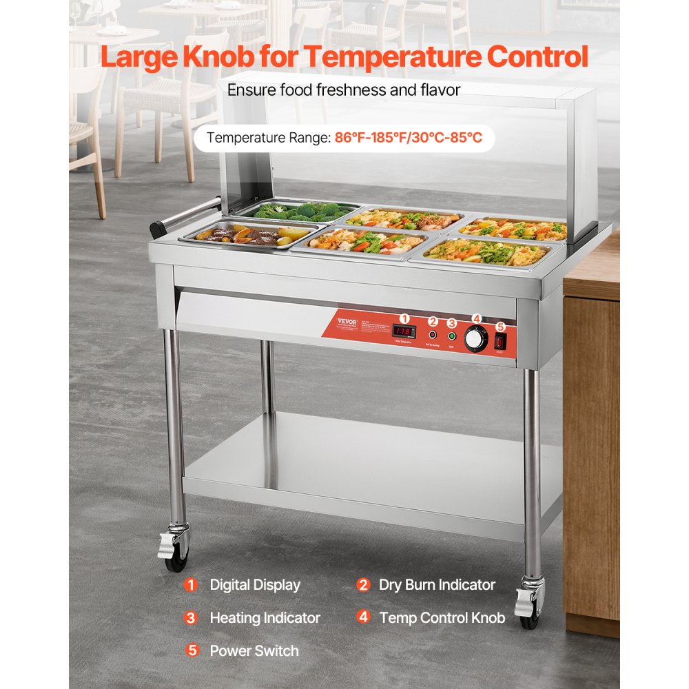 VEVOR 6-Pan Commercial Food Warmer, 6 x 1/2 Pans Electric Steam Table, 1500W Professional Buffet Catering Food Warmer with Shield Undershelf Wheels, Stainless Steel Server for Party Restaurant