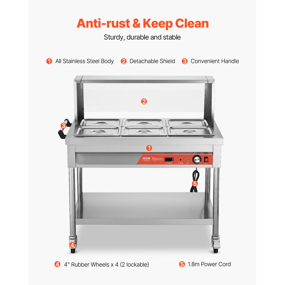 VEVOR 6-Pan Commercial Food Warmer, 6 x 1/2 Pans Electric Steam Table, 1500W Professional Buffet Catering Food Warmer with Shield Undershelf Wheels, Stainless Steel Server for Party Restaurant