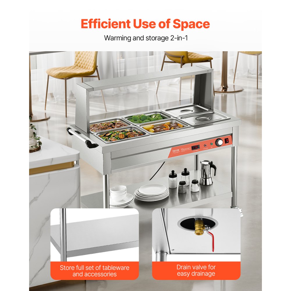 VEVOR 6-Pan Commercial Food Warmer, 6 x 1/2 Pans Electric Steam Table, 1500W Professional Buffet Catering Food Warmer with Shield Undershelf Wheels, Stainless Steel Server for Party Restaurant