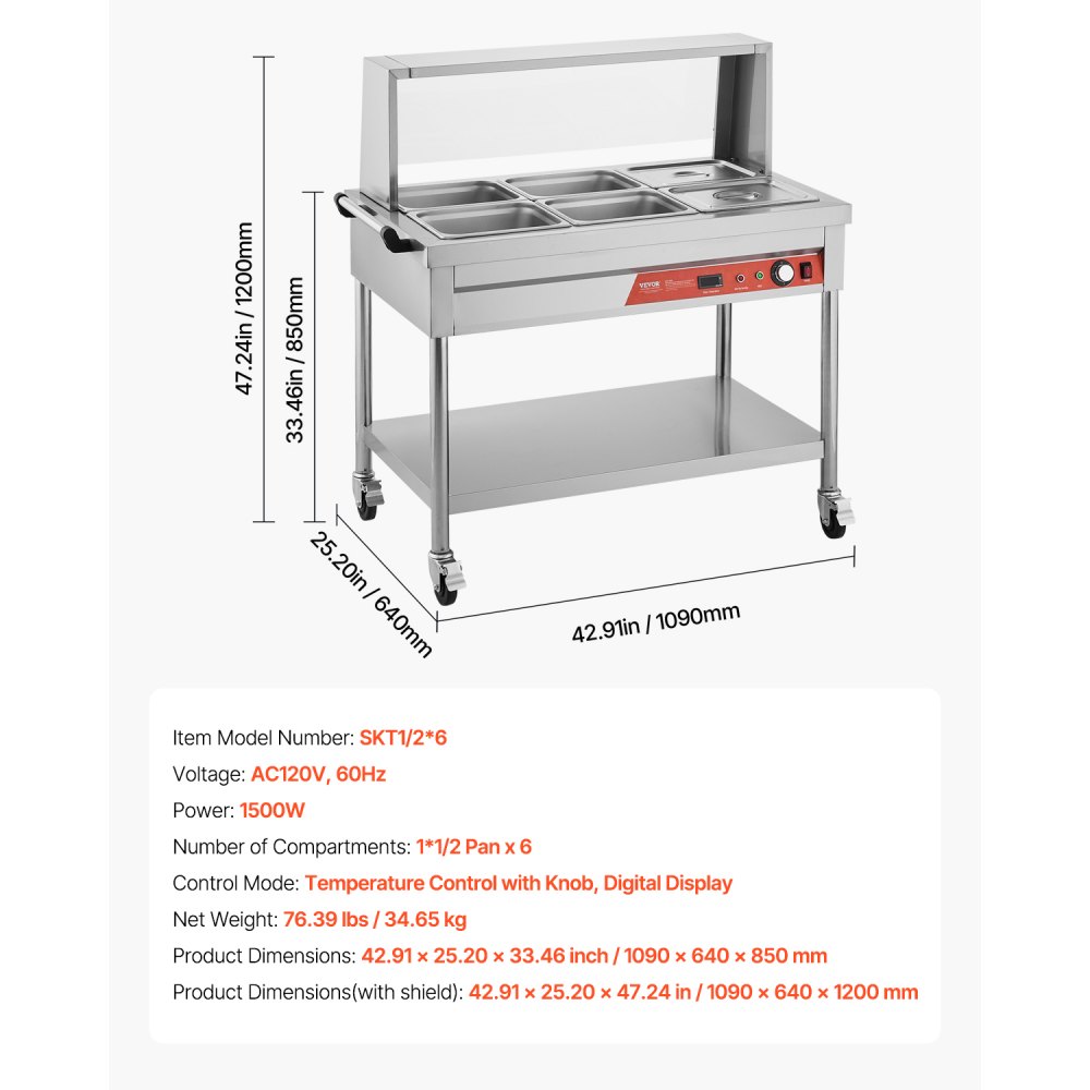 VEVOR 6-Pan Commercial Food Warmer, 6 x 1/2 Pans Electric Steam Table, 1500W Professional Buffet Catering Food Warmer with Shield Undershelf Wheels, Stainless Steel Server for Party Restaurant