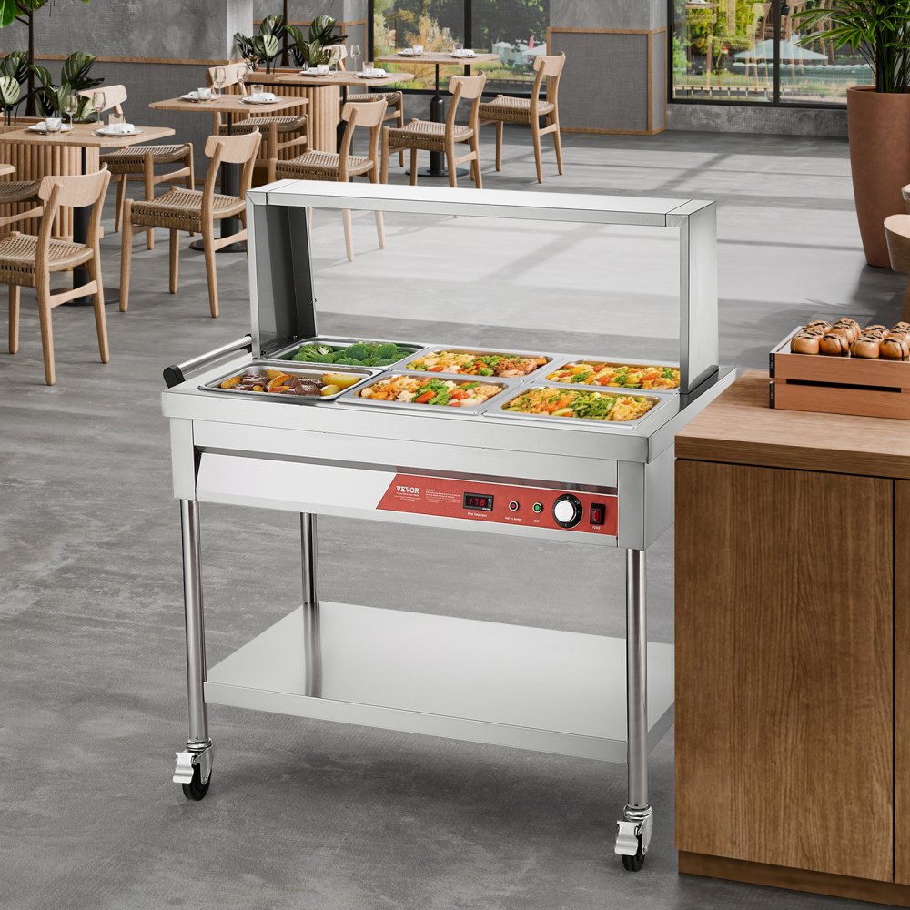 VEVOR 6-Pan Commercial Food Warmer, 6 x 1/2 Pans Electric Steam Table, 1500W Professional Buffet Catering Food Warmer with Shield Undershelf Wheels, Stainless Steel Server for Party Restaurant