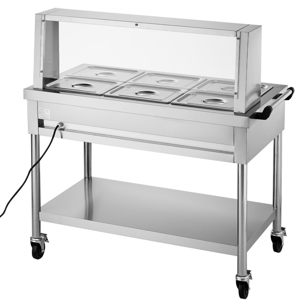 VEVOR 6-Pan Commercial Food Warmer, 6 x 1/2 Pans Electric Steam Table, 1500W Professional Buffet Catering Food Warmer with Shield Undershelf Wheels, Stainless Steel Server for Party Restaurant