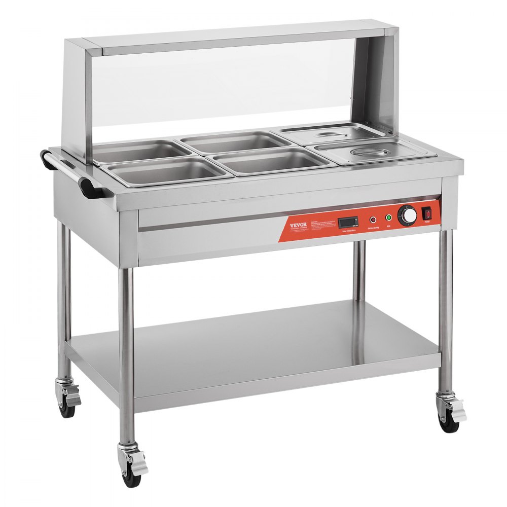 VEVOR 6-Pan Commercial Food Warmer, 6 x 1/2 Pans Electric Steam Table, 1500W Professional Buffet Catering Food Warmer with Shield Undershelf Wheels, Stainless Steel Server for Party Restaurant