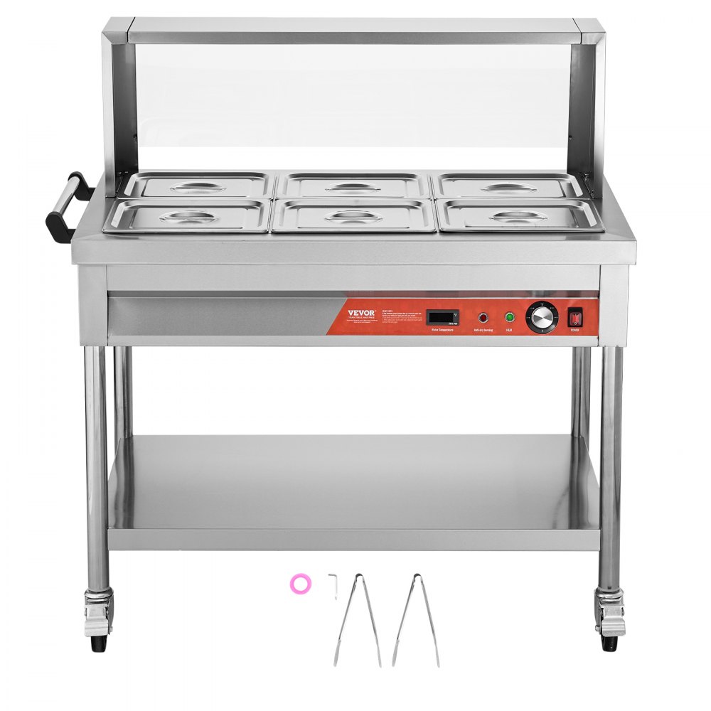 VEVOR 6-Pan Commercial Food Warmer, 6 x 1/2 Pans Electric Steam Table, 1500W Professional Buffet Catering Food Warmer with Shield Undershelf Wheels, Stainless Steel Server for Party Restaurant