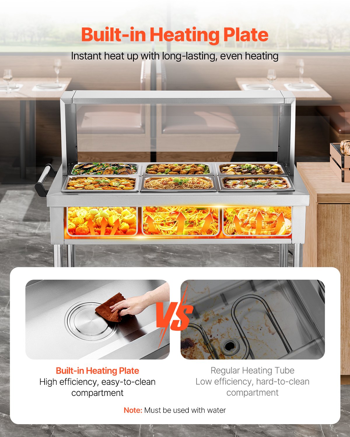 VEVOR 6-Pan Commercial Food Warmer, 6 x 1/2 Pans Electric Steam Table, 1500W Professional Buffet Catering Food Warmer with Shield Undershelf Wheels, Stainless Steel Server for Party Restaurant