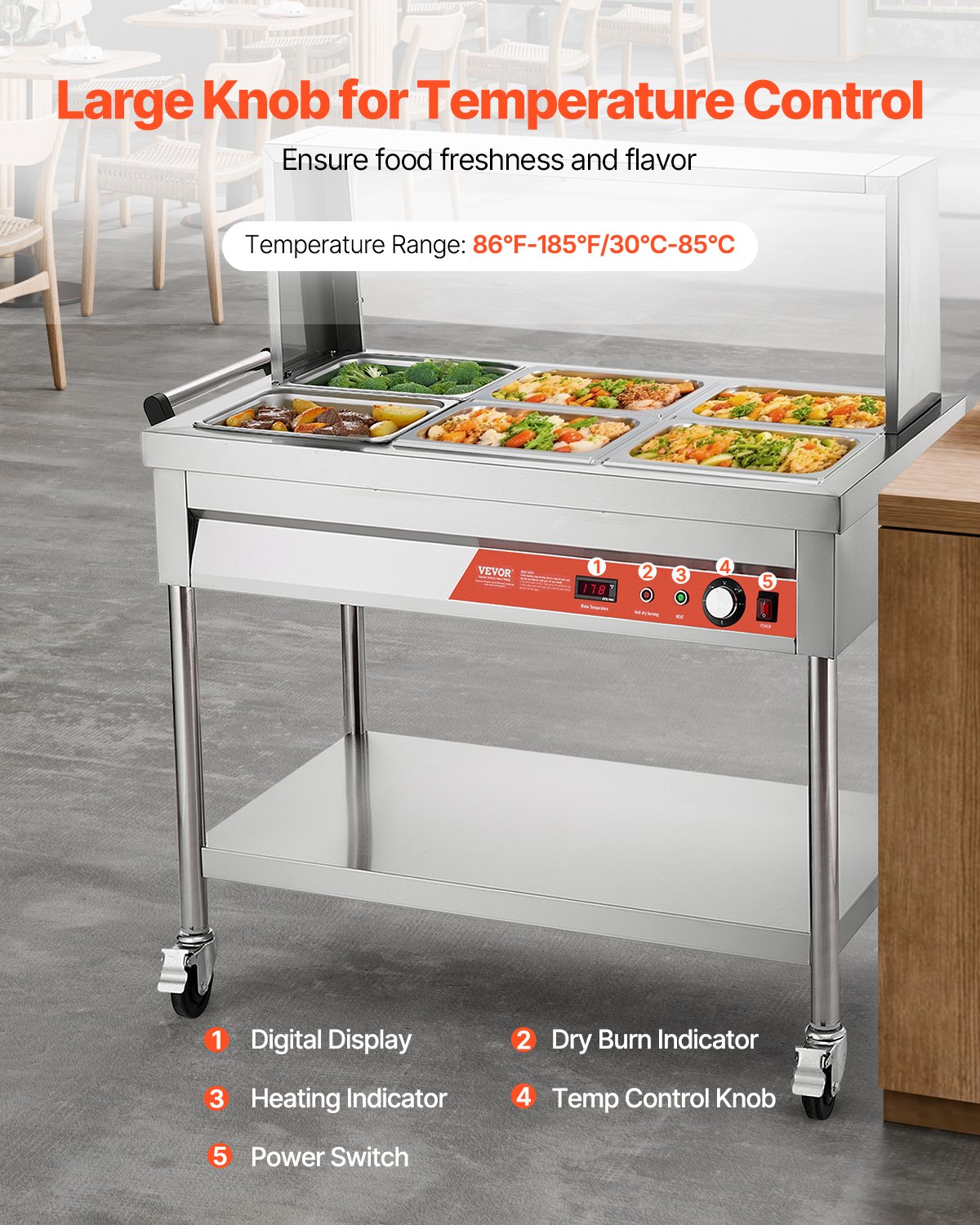VEVOR 6-Pan Commercial Food Warmer, 6 x 1/2 Pans Electric Steam Table, 1500W Professional Buffet Catering Food Warmer with Shield Undershelf Wheels, Stainless Steel Server for Party Restaurant