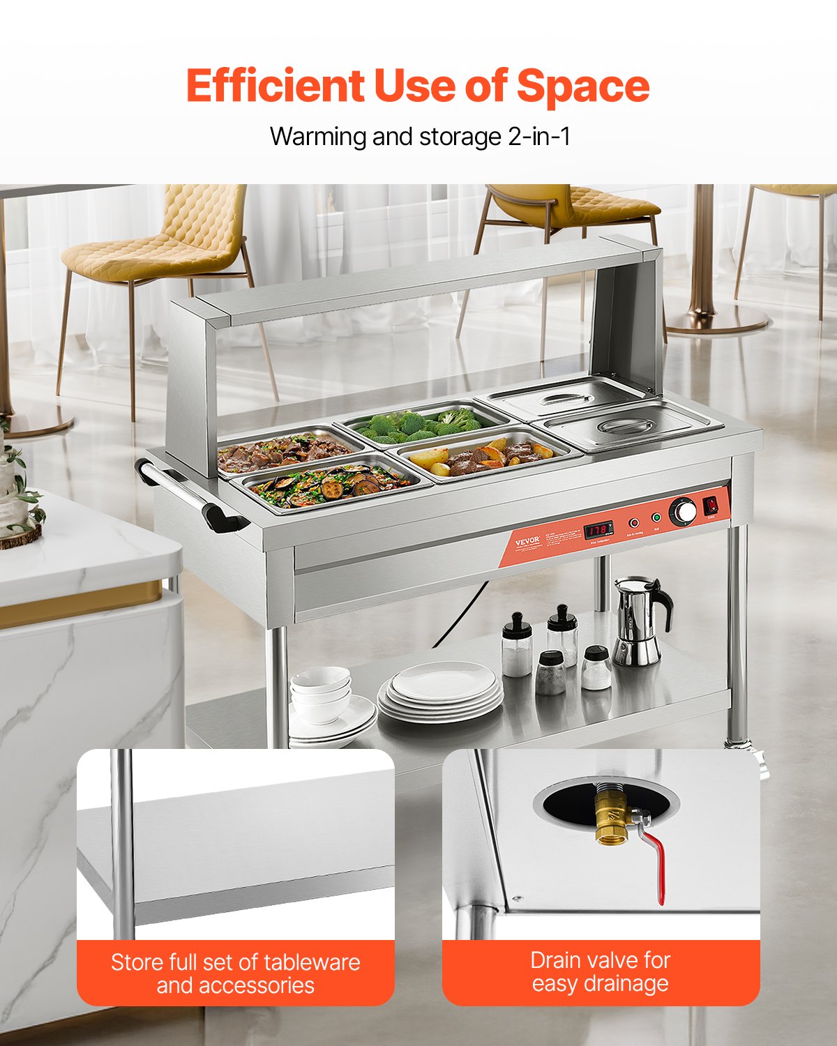 VEVOR 6-Pan Commercial Food Warmer, 6 x 1/2 Pans Electric Steam Table, 1500W Professional Buffet Catering Food Warmer with Shield Undershelf Wheels, Stainless Steel Server for Party Restaurant