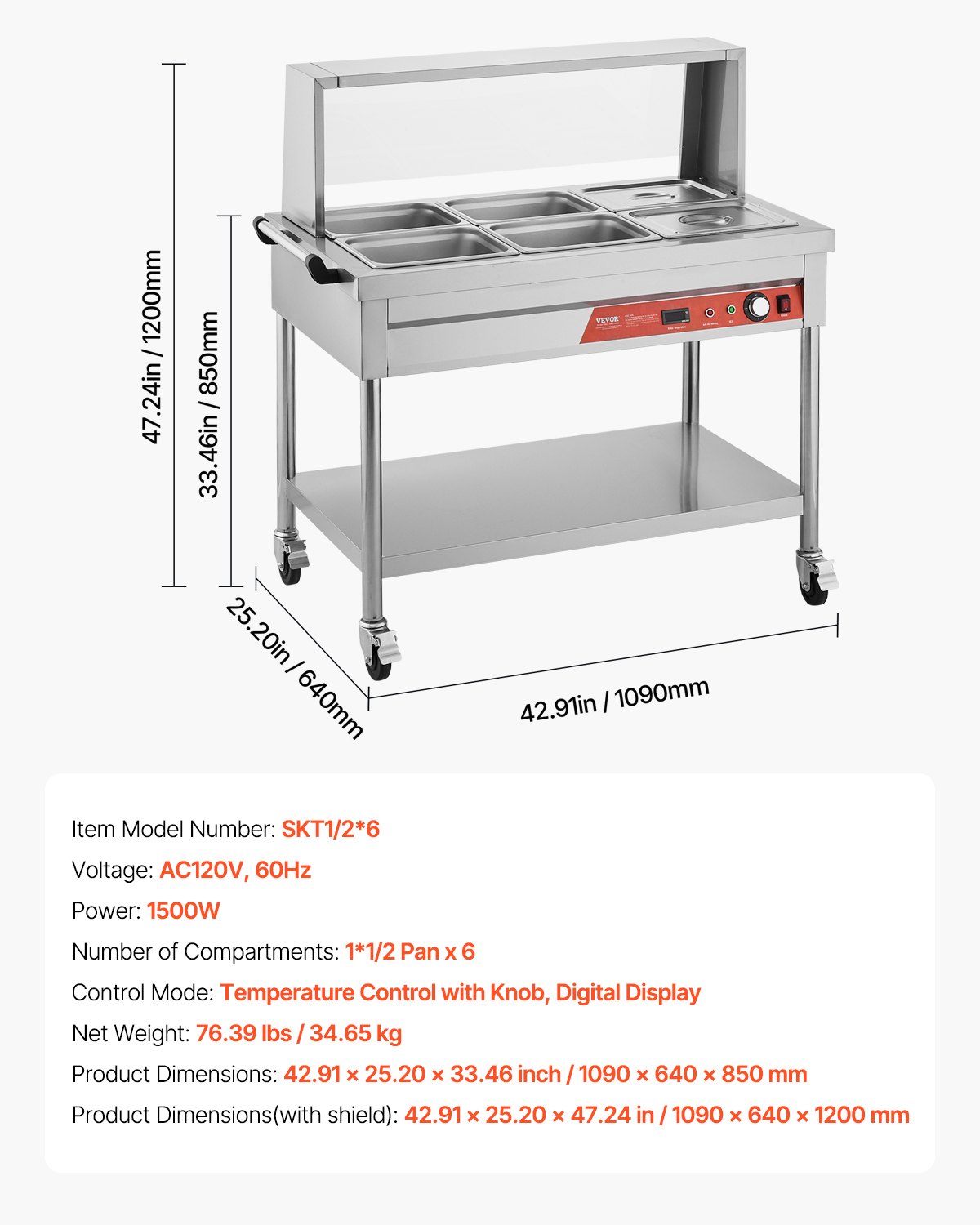 VEVOR 6-Pan Commercial Food Warmer, 6 x 1/2 Pans Electric Steam Table, 1500W Professional Buffet Catering Food Warmer with Shield Undershelf Wheels, Stainless Steel Server for Party Restaurant