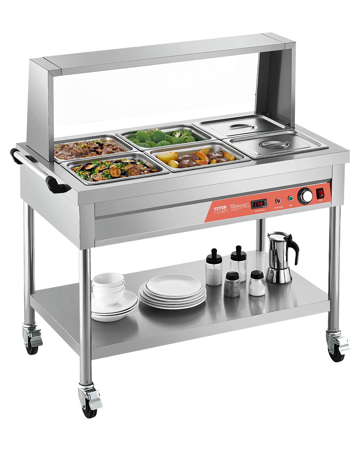 VEVOR 6-Pan Commercial Food Warmer, 6 x 1/2 Pans Electric Steam Table, 1500W Professional Buffet Catering Food Warmer with Shield Undershelf Wheels, Stainless Steel Server for Party Restaurant