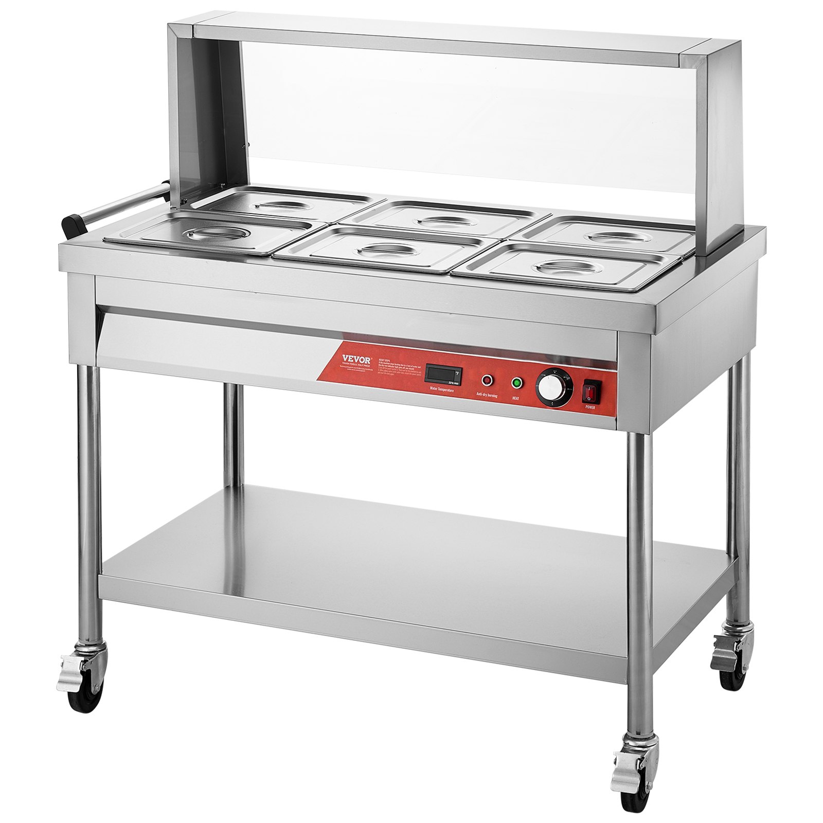 VEVOR 6-Pan Commercial Food Warmer, 6 x 1/2 Pans Electric Steam Table, 1500W Professional Buffet Catering Food Warmer with Shield Undershelf Wheels, Stainless Steel Server for Party Restaurant