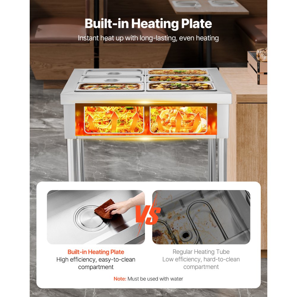 VEVOR 6-Pan Commercial Food Warmer, 6 x 1/3 Pans Electric Steam Table, 1500W Professional Buffet Catering Food Warmer with Undershelf, Stainless Steel Server for Restaurant Party Hotel