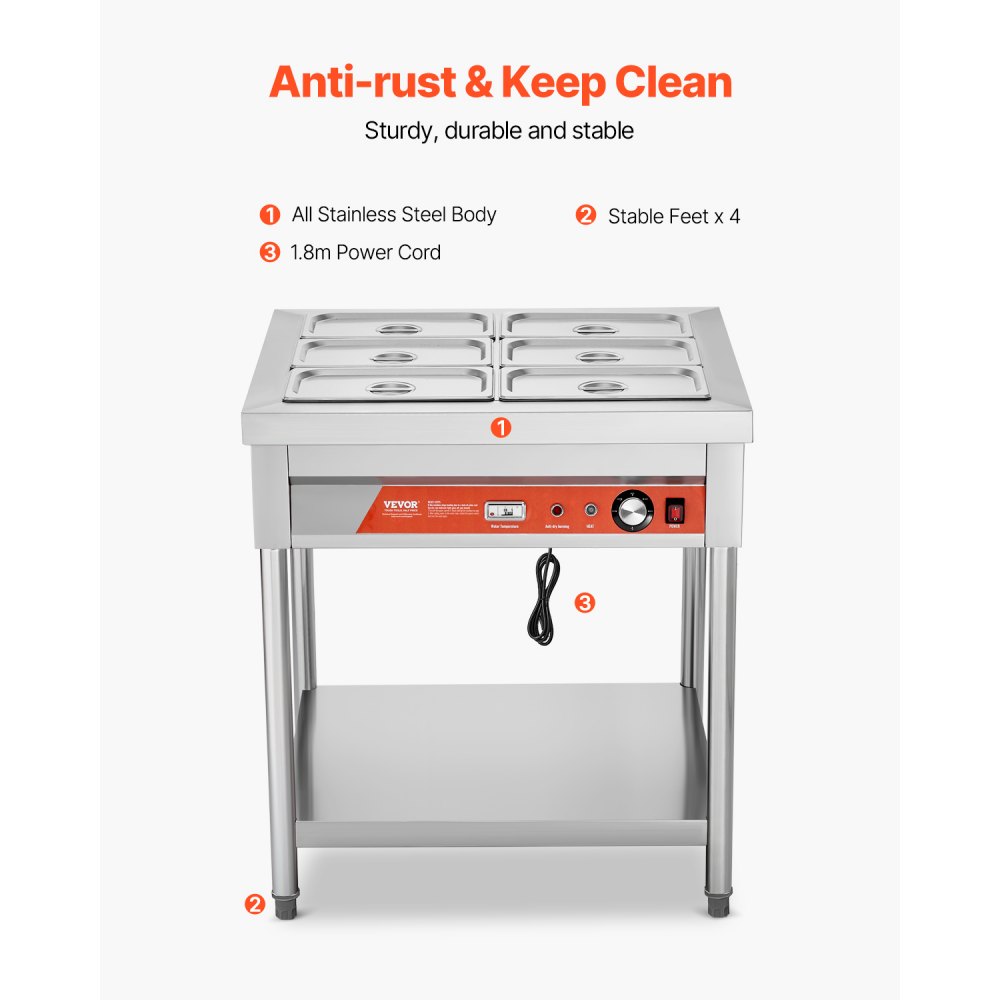 VEVOR 6-Pan Commercial Food Warmer, 6 x 1/3 Pans Electric Steam Table, 1500W Professional Buffet Catering Food Warmer with Undershelf, Stainless Steel Server for Restaurant Party Hotel