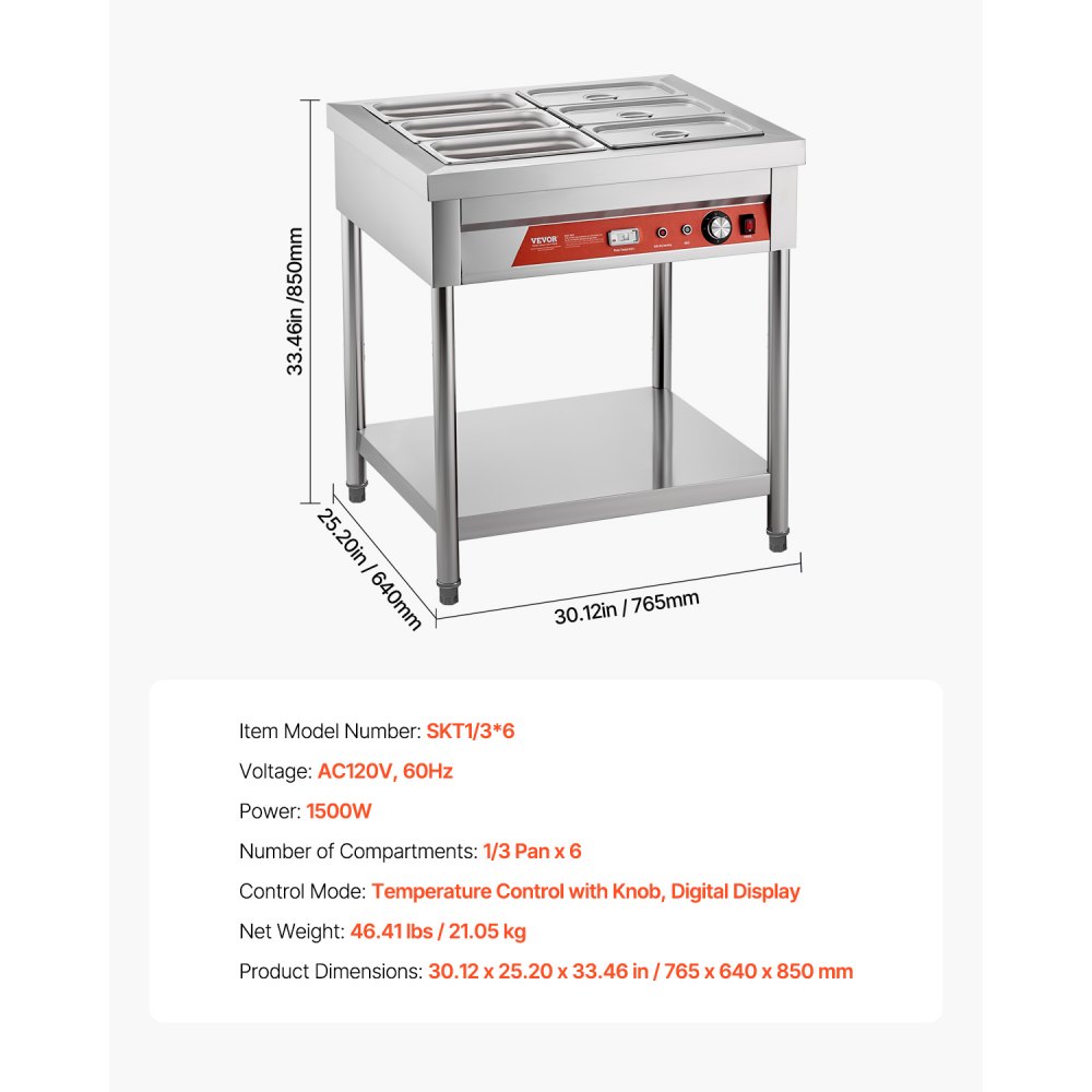 VEVOR 6-Pan Commercial Food Warmer, 6 x 1/3 Pans Electric Steam Table, 1500W Professional Buffet Catering Food Warmer with Undershelf, Stainless Steel Server for Restaurant Party Hotel