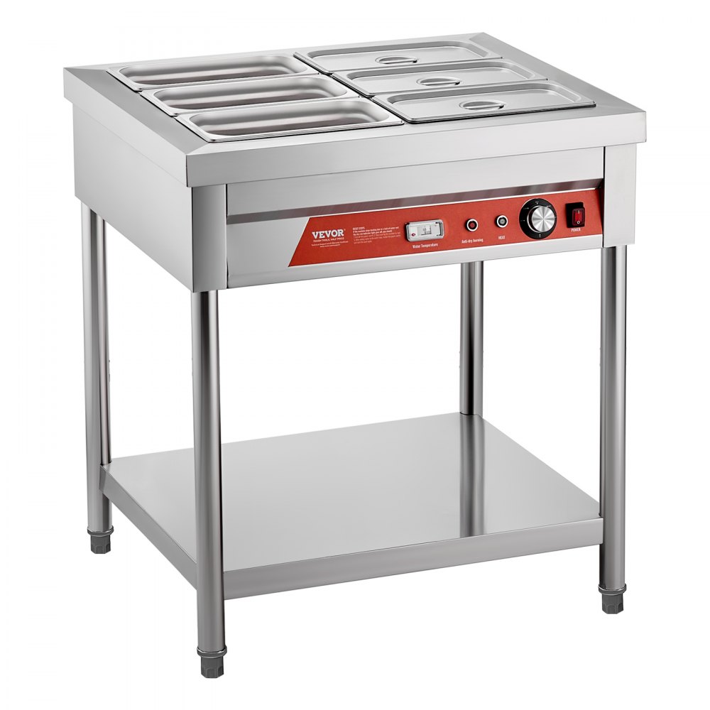 VEVOR 6-Pan Commercial Food Warmer, 6 x 1/3 Pans Electric Steam Table, 1500W Professional Buffet Catering Food Warmer with Undershelf, Stainless Steel Server for Restaurant Party Hotel