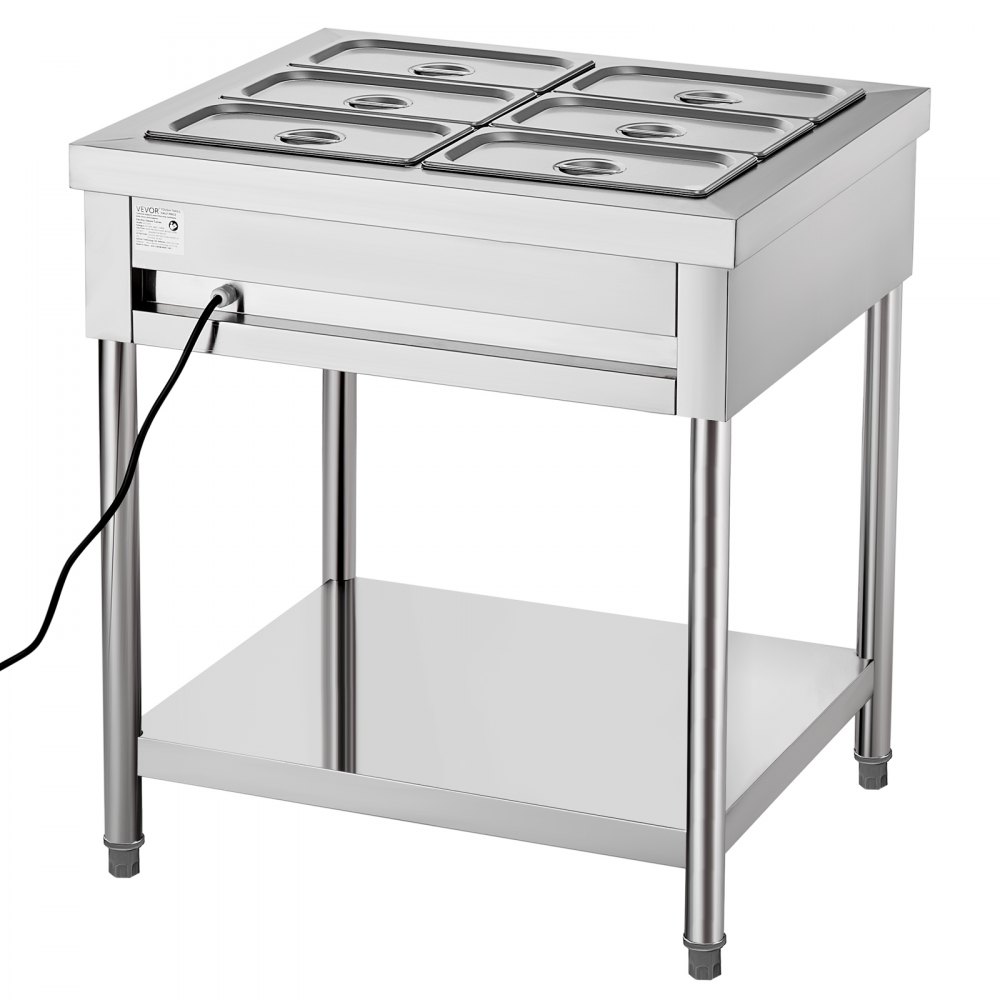 VEVOR 6-Pan Commercial Food Warmer, 6 x 1/3 Pans Electric Steam Table, 1500W Professional Buffet Catering Food Warmer with Undershelf, Stainless Steel Server for Restaurant Party Hotel