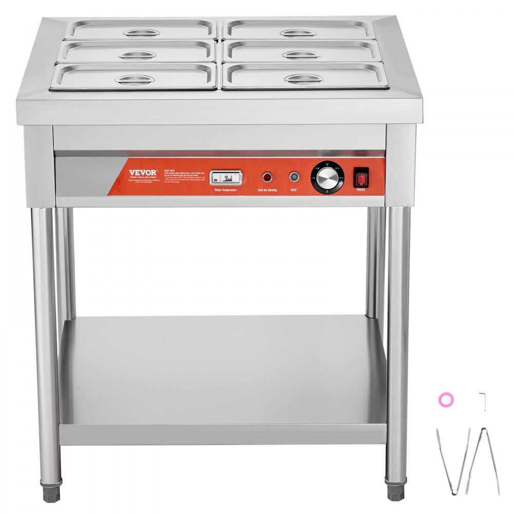 VEVOR 6-Pan Commercial Food Warmer, 6 x 1/3 Pans Electric Steam Table, 1500W Professional Buffet Catering Food Warmer with Undershelf, Stainless Steel Server for Restaurant Party Hotel