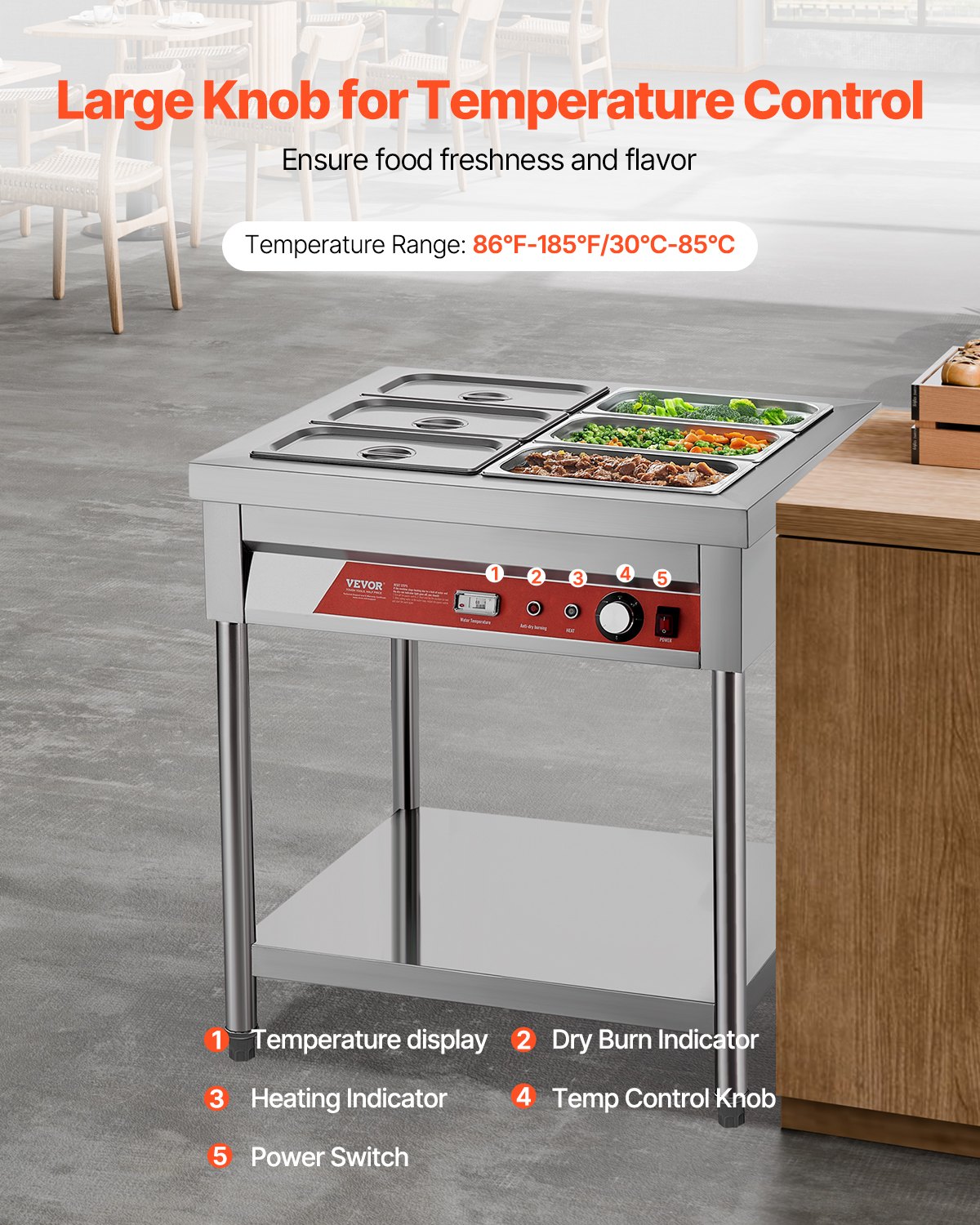 VEVOR 6-Pan Commercial Food Warmer, 6 x 1/3 Pans Electric Steam Table, 1500W Professional Buffet Catering Food Warmer with Undershelf, Stainless Steel Server for Restaurant Party Hotel