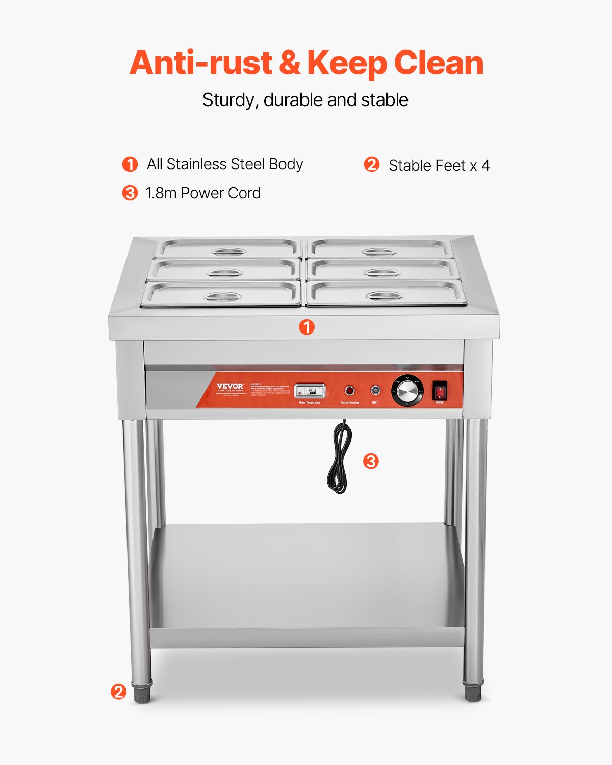 VEVOR 6-Pan Commercial Food Warmer, 6 x 1/3 Pans Electric Steam Table, 1500W Professional Buffet Catering Food Warmer with Undershelf, Stainless Steel Server for Restaurant Party Hotel