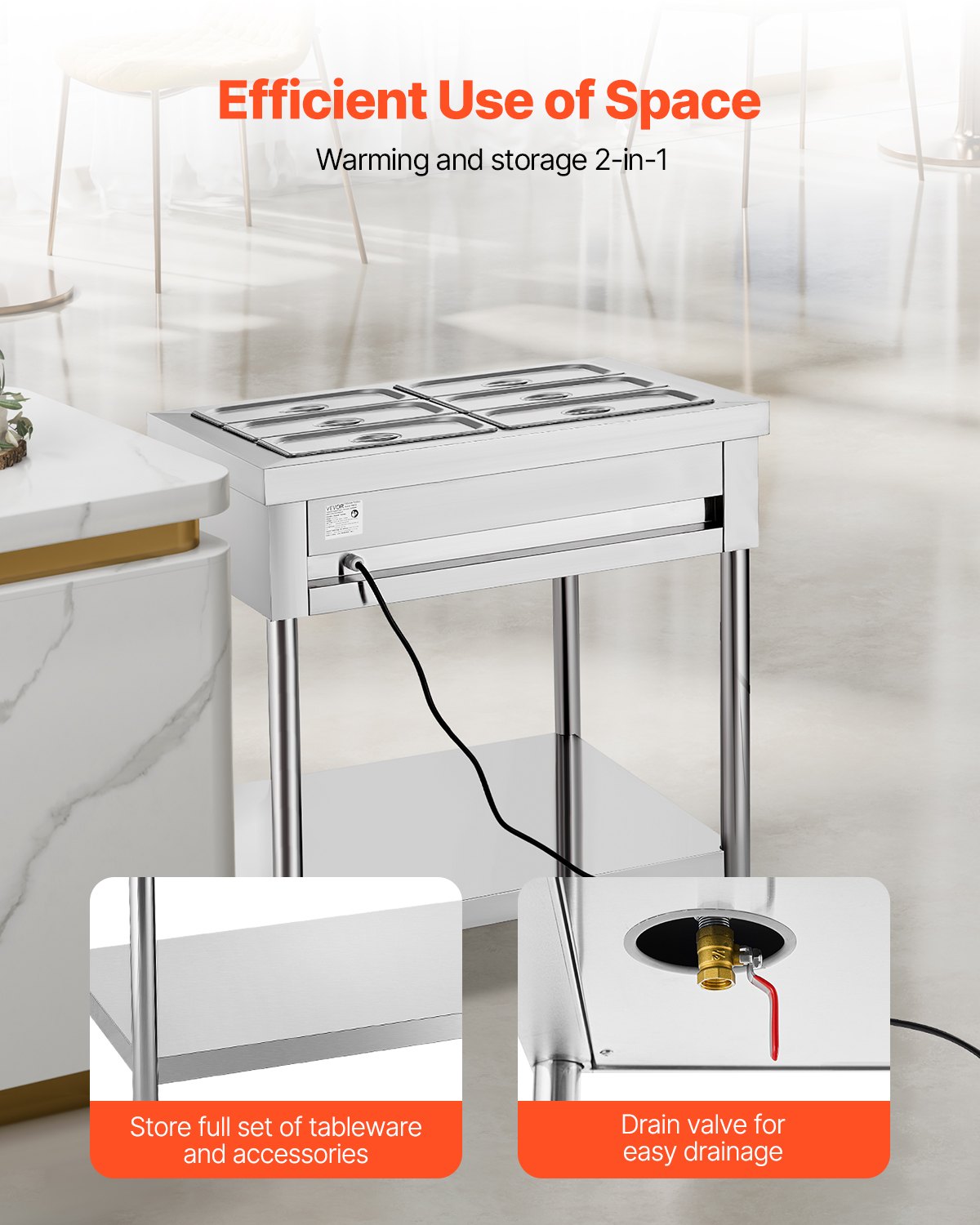 VEVOR 6-Pan Commercial Food Warmer, 6 x 1/3 Pans Electric Steam Table, 1500W Professional Buffet Catering Food Warmer with Undershelf, Stainless Steel Server for Restaurant Party Hotel