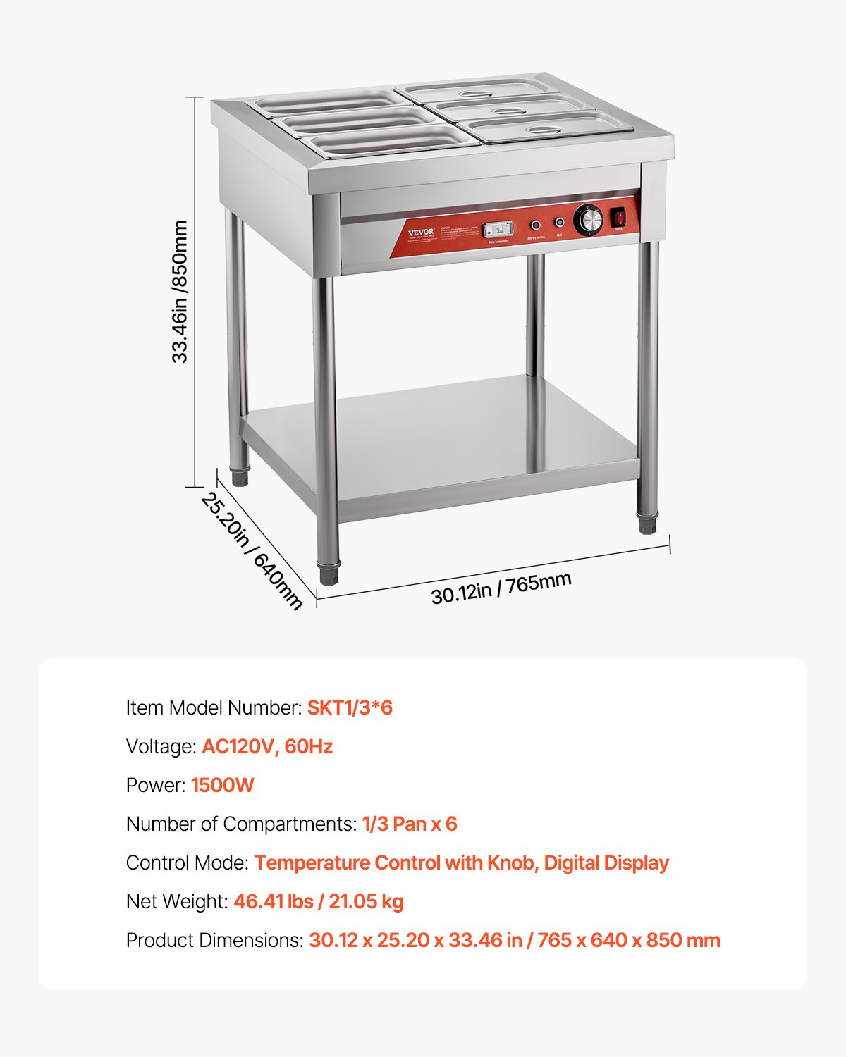 VEVOR 6-Pan Commercial Food Warmer, 6 x 1/3 Pans Electric Steam Table, 1500W Professional Buffet Catering Food Warmer with Undershelf, Stainless Steel Server for Restaurant Party Hotel