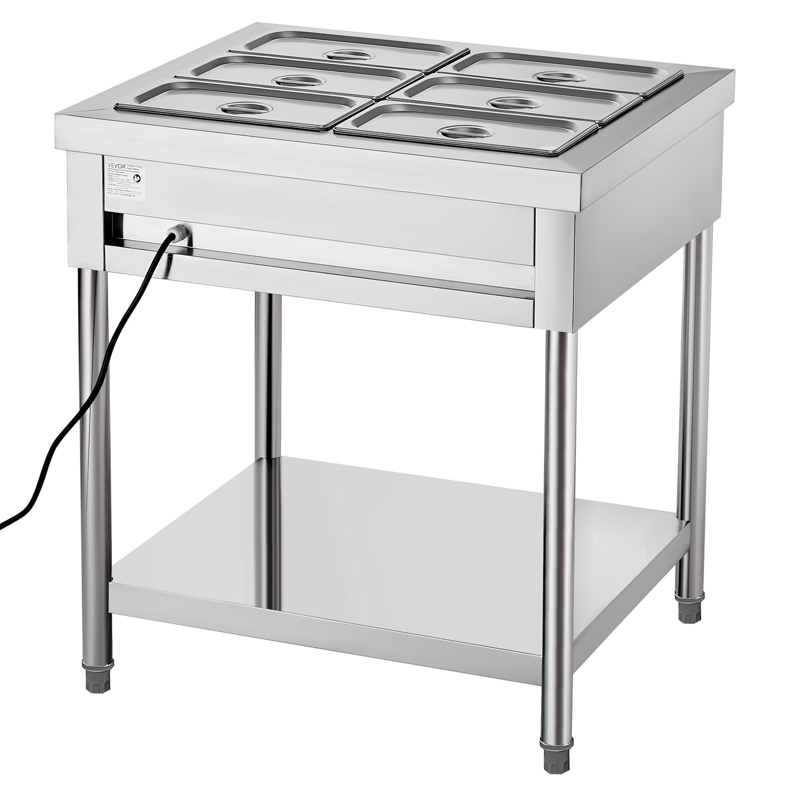 VEVOR 6-Pan Commercial Food Warmer, 6 x 1/3 Pans Electric Steam Table, 1500W Professional Buffet Catering Food Warmer with Undershelf, Stainless Steel Server for Restaurant Party Hotel
