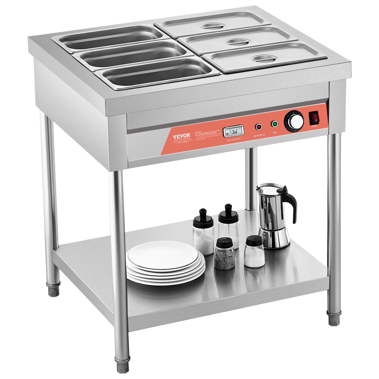 VEVOR 6-Pan Commercial Food Warmer, 6 x 1/3 Pans Electric Steam Table, 1500W Professional Buffet Catering Food Warmer with Undershelf, Stainless Steel Server for Restaurant Party Hotel