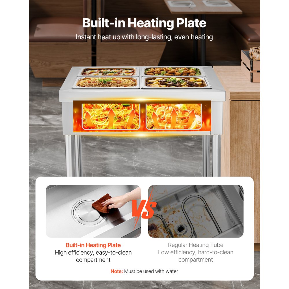 VEVOR 4-Pan Commercial Food Warmer, 4 x 1/2 Pans Electric Steam Table, 1500W Professional Buffet Catering Food Warmer with Undershelf, Stainless Steel Server for Restaurant Party Hotel