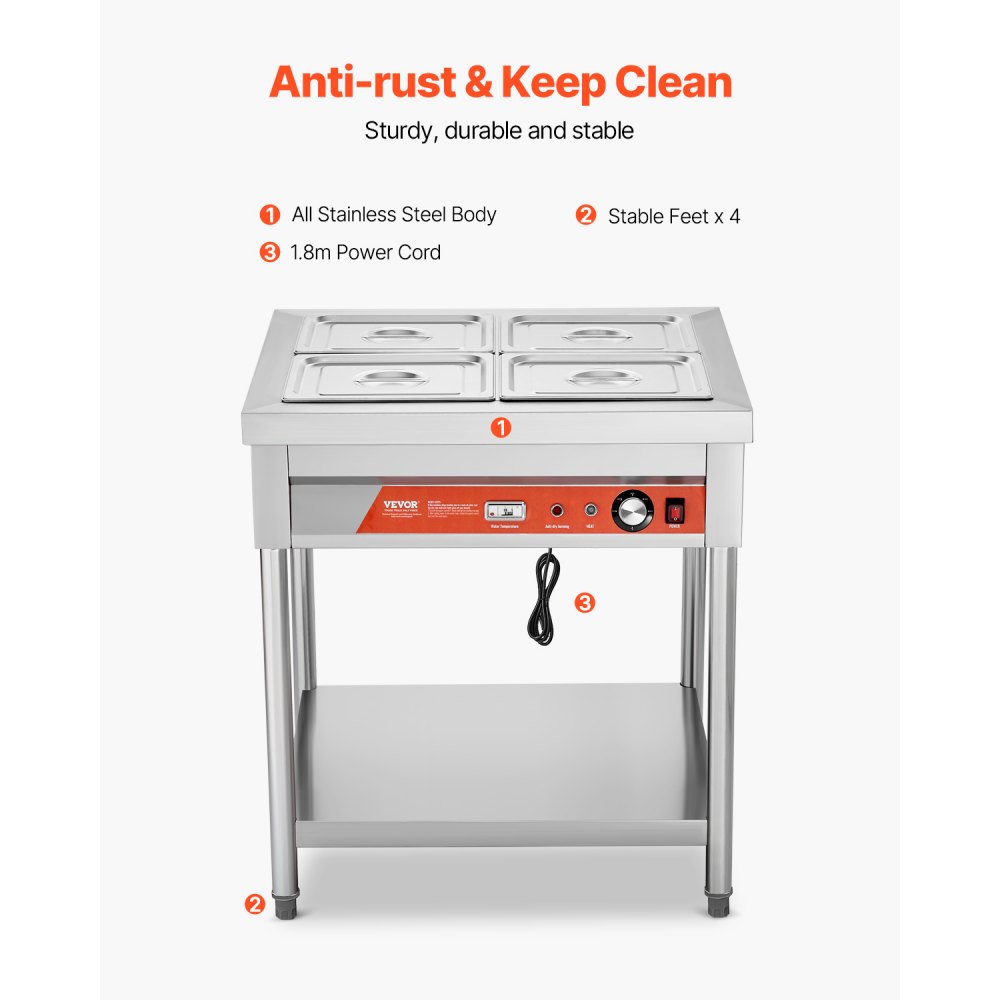 VEVOR 4-Pan Commercial Food Warmer, 4 x 1/2 Pans Electric Steam Table, 1500W Professional Buffet Catering Food Warmer with Undershelf, Stainless Steel Server for Restaurant Party Hotel
