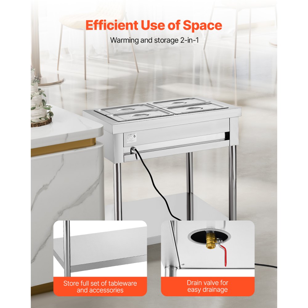 VEVOR 4-Pan Commercial Food Warmer, 4 x 1/2 Pans Electric Steam Table, 1500W Professional Buffet Catering Food Warmer with Undershelf, Stainless Steel Server for Restaurant Party Hotel