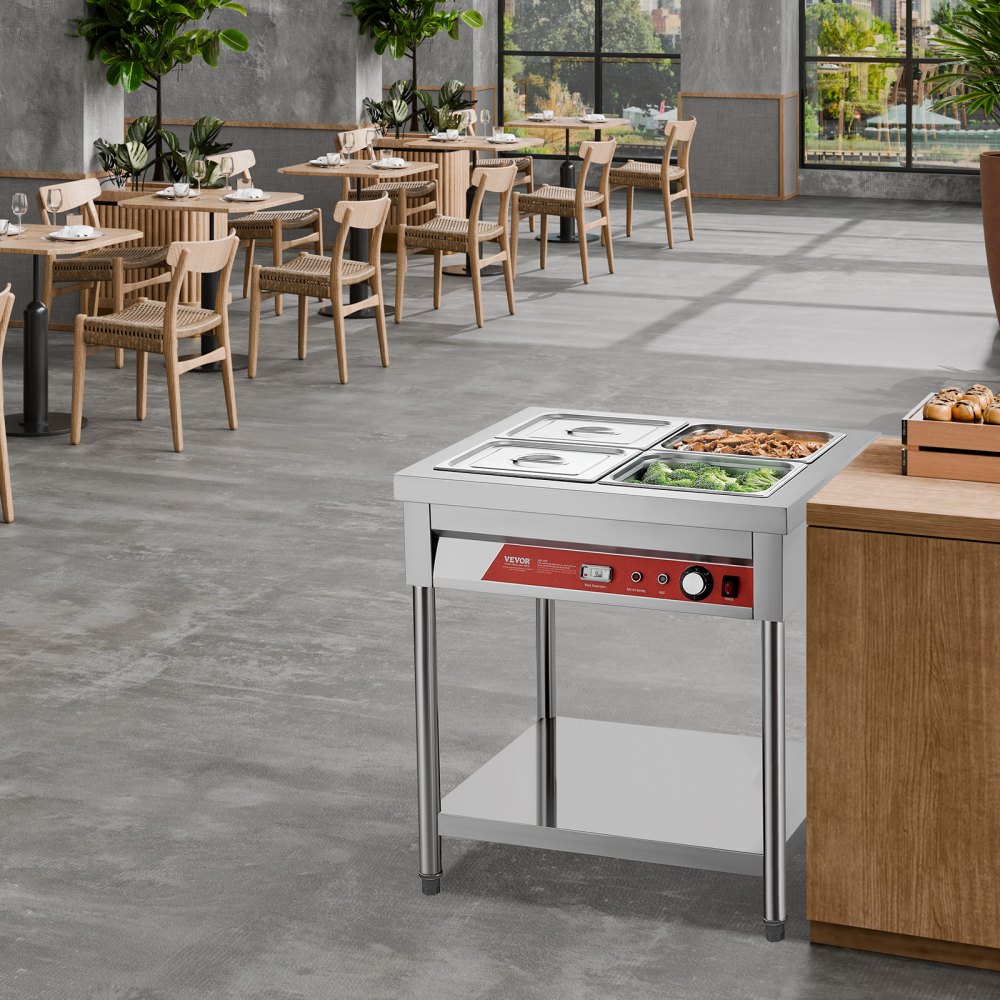 VEVOR 4-Pan Commercial Food Warmer, 4 x 1/2 Pans Electric Steam Table, 1500W Professional Buffet Catering Food Warmer with Undershelf, Stainless Steel Server for Restaurant Party Hotel