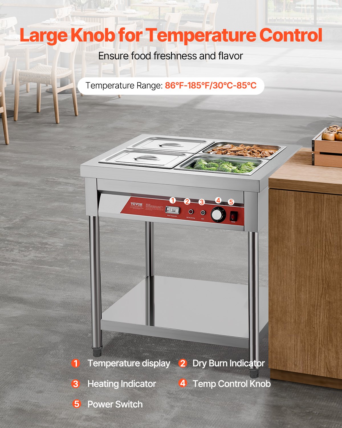 VEVOR 4-Pan Commercial Food Warmer, 4 x 1/2 Pans Electric Steam Table, 1500W Professional Buffet Catering Food Warmer with Undershelf, Stainless Steel Server for Restaurant Party Hotel