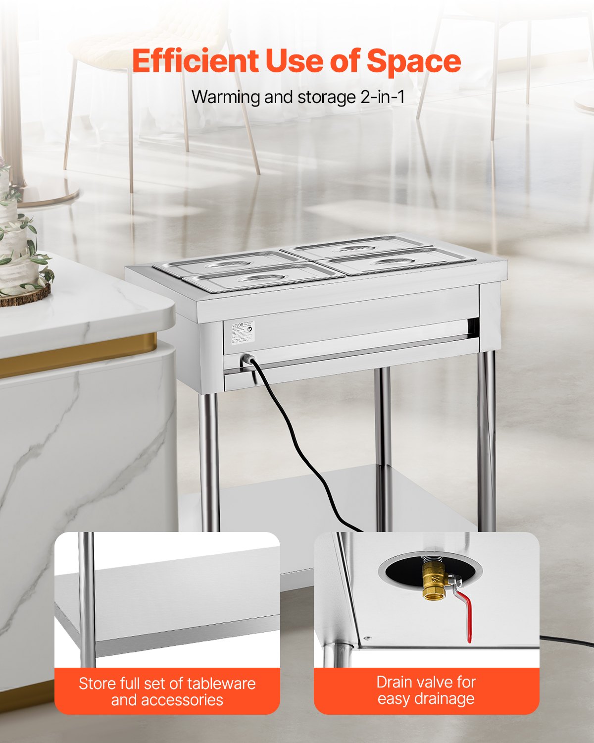 VEVOR 4-Pan Commercial Food Warmer, 4 x 1/2 Pans Electric Steam Table, 1500W Professional Buffet Catering Food Warmer with Undershelf, Stainless Steel Server for Restaurant Party Hotel