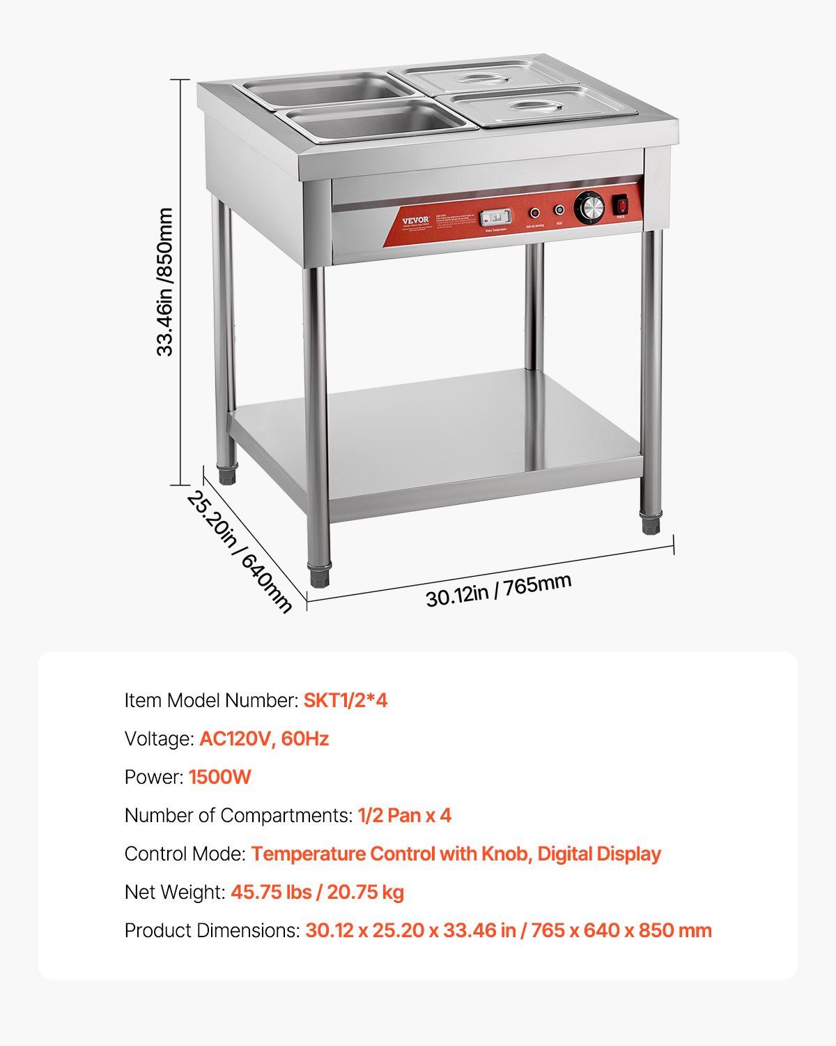 VEVOR 4-Pan Commercial Food Warmer, 4 x 1/2 Pans Electric Steam Table, 1500W Professional Buffet Catering Food Warmer with Undershelf, Stainless Steel Server for Restaurant Party Hotel