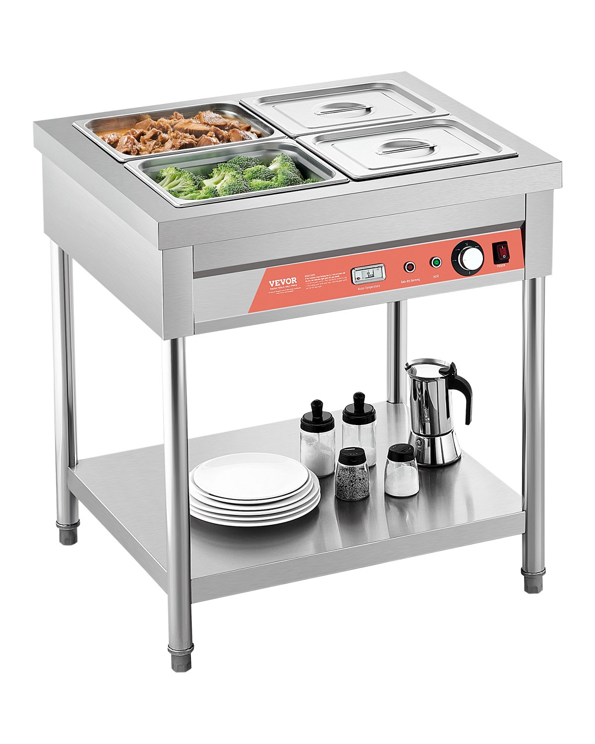 VEVOR 4-Pan Commercial Food Warmer, 4 x 1/2 Pans Electric Steam Table, 1500W Professional Buffet Catering Food Warmer with Undershelf, Stainless Steel Server for Restaurant Party Hotel