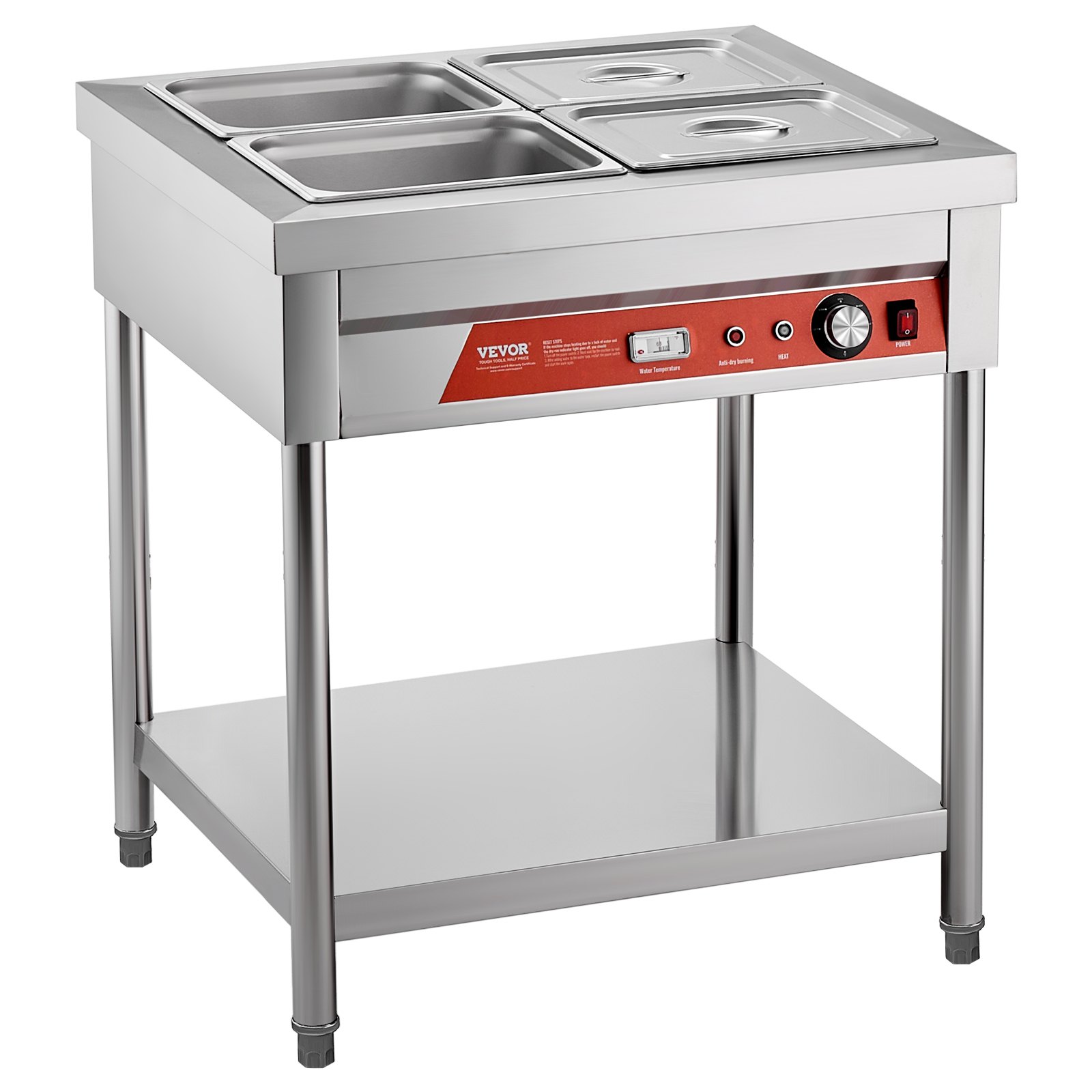 VEVOR 4-Pan Commercial Food Warmer, 4 x 1/2 Pans Electric Steam Table, 1500W Professional Buffet Catering Food Warmer with Undershelf, Stainless Steel Server for Restaurant Party Hotel