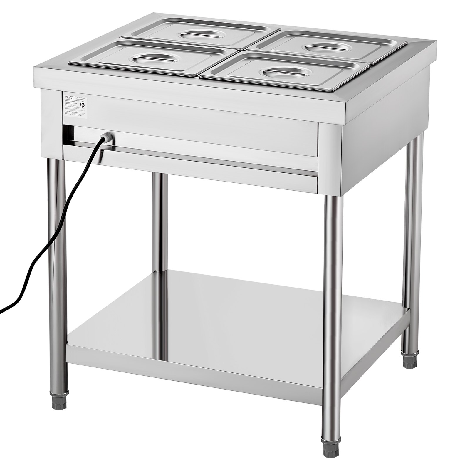 VEVOR 4-Pan Commercial Food Warmer, 4 x 1/2 Pans Electric Steam Table, 1500W Professional Buffet Catering Food Warmer with Undershelf, Stainless Steel Server for Restaurant Party Hotel