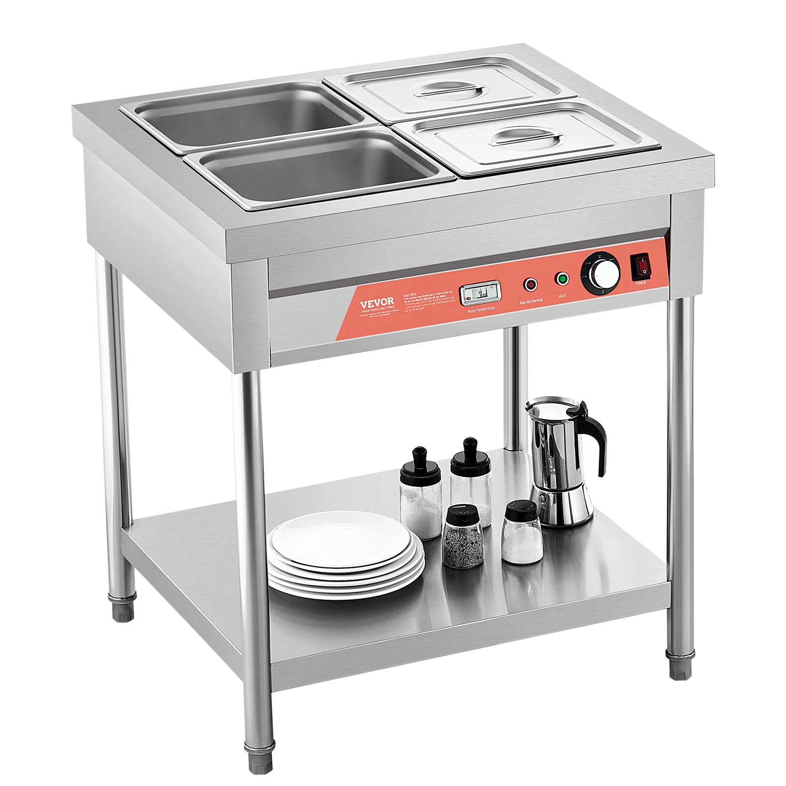 VEVOR 4-Pan Commercial Food Warmer, 4 x 1/2 Pans Electric Steam Table, 1500W Professional Buffet Catering Food Warmer with Undershelf, Stainless Steel Server for Restaurant Party Hotel