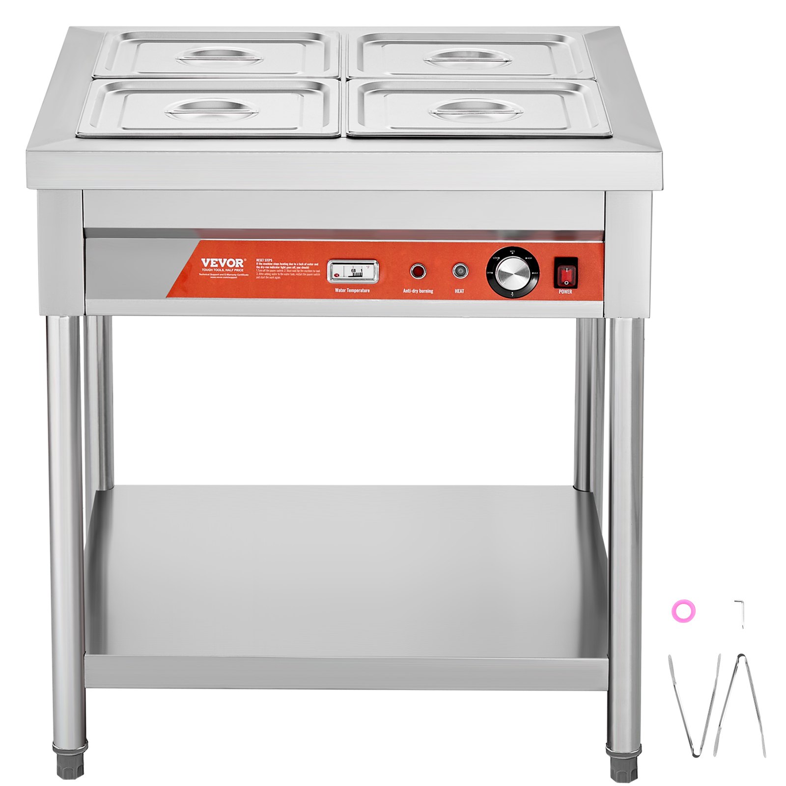 VEVOR 4-Pan Commercial Food Warmer, 4 x 1/2 Pans Electric Steam Table, 1500W Professional Buffet Catering Food Warmer with Undershelf, Stainless Steel Server for Restaurant Party Hotel