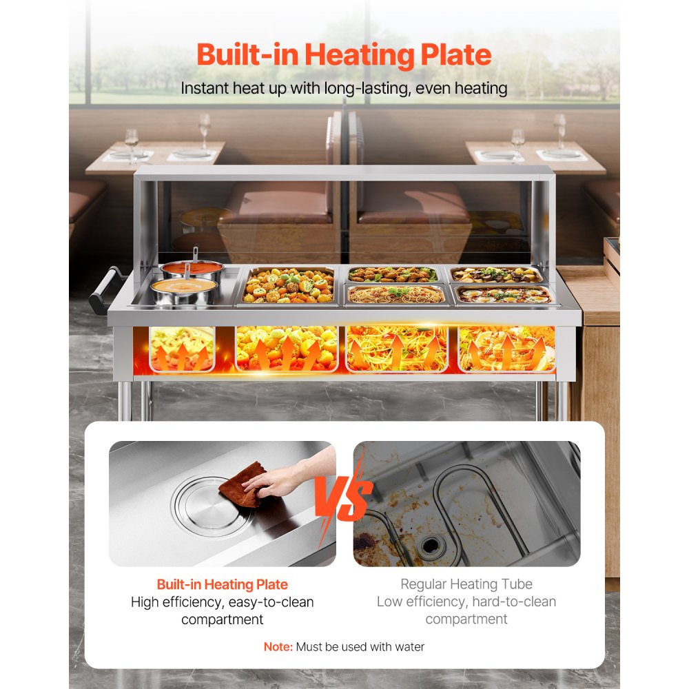 VEVOR Commercial Food Warmer, 5 Pans + 2 Pots Electric Steam Table, 1800W Professional Buffet Catering Food Warmer with Shield Undershelf Wheels, Stainless Steel Server for Party Restaurant Hotel