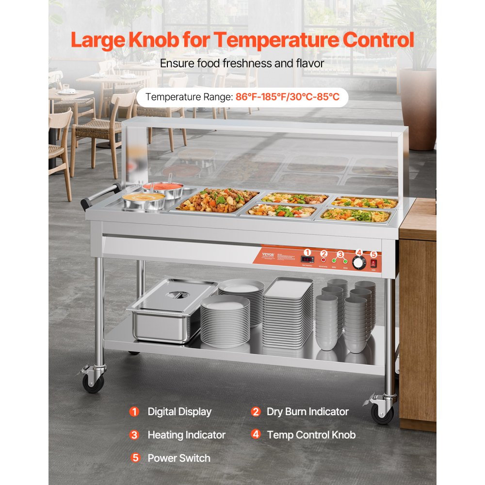 VEVOR Commercial Food Warmer, 5 Pans + 2 Pots Electric Steam Table, 1800W Professional Buffet Catering Food Warmer with Shield Undershelf Wheels, Stainless Steel Server for Party Restaurant Hotel