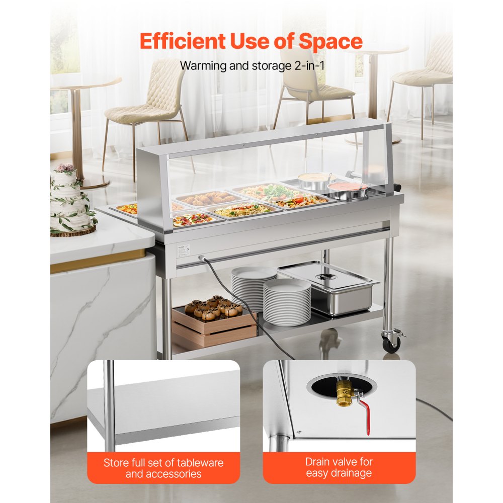 VEVOR Commercial Food Warmer, 5 Pans + 2 Pots Electric Steam Table, 1800W Professional Buffet Catering Food Warmer with Shield Undershelf Wheels, Stainless Steel Server for Party Restaurant Hotel